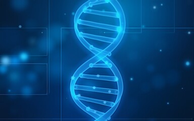 Blue background with a DNA double helix and digital network, a science or technology concept for medical research. High quality
