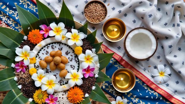 Colorful floral arrangement with fruits and traditional items surrounded by decorative fabric