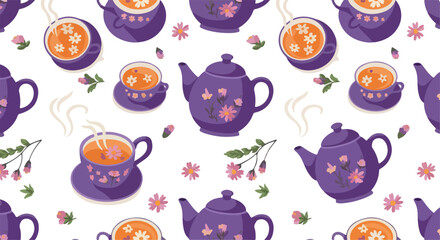 Pixel Art Purple Teapot Pattern With Pink Flowers And Orange Tea