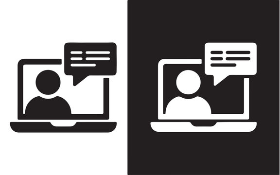 Online meeting vector icon flat design illustration of a person on a laptop with a speech bubble isolated on white and black background