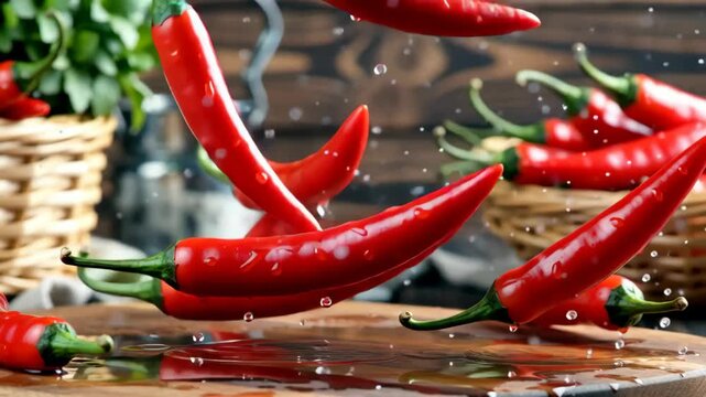 Dynamic scene of fresh red chili peppers splashing in water with wooden background and green herbs