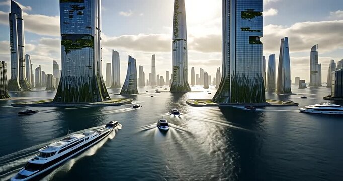 Futuristic urban landscape featuring sleek skyscrapers and boats navigating serene waters