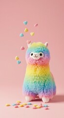 Obraz premium Fluffy rainbow colored plush toy stands surrounded by falling and scattered heart shaped candies