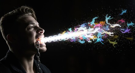 Young man breaks free from restraint by releasing an outpouring of luminous, multicolored human shapes