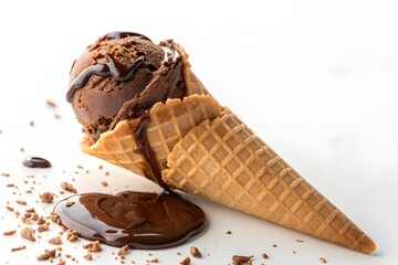 Chocolate Ice Cream Cone on White