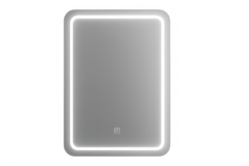 Rectangular led mirror illuminating bathroom or dresser with soft glow, reflecting modern smart home technology, transparent background