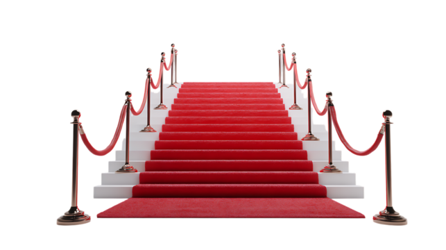 Red carpet on white stairs isolated on transparent background.