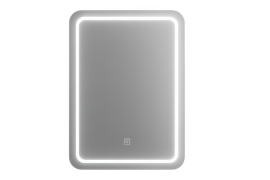 Rectangular led mirror illuminating bathroom or dresser with soft glow, reflecting modern smart home technology, transparent background - Powered by Adobe