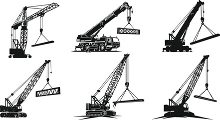 Construction crane silhouettes set, heavy lifting machinery illustration, industrial equipment icons, building site tools, vector engineering design, construction industry concept.