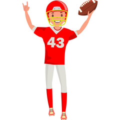 American Football Player Wearing Red Jersey Number 43 With Football In Hand Celebrating Victory With Victory Hand Gesture
