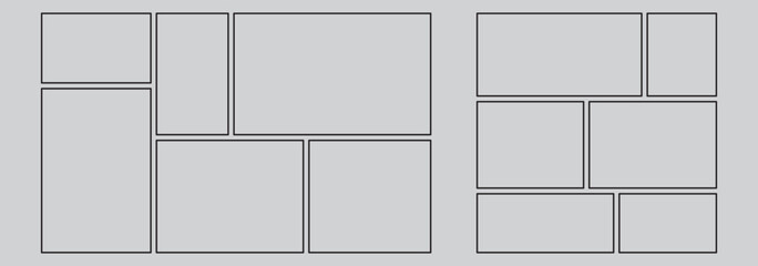 Image collage layout template. Grey mosaic mood board grid collection. Picture frame set. Photo album idea for banner, poster, comic page, flyer, brochure, booklet, memory wall design. Vector Eps 10.