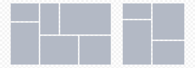 6 photos collage frame, Templates collage photos frame. Multicolored empty photo frames with adhesive tape in a row. Six square photo cards with white border. Vector illustration. 