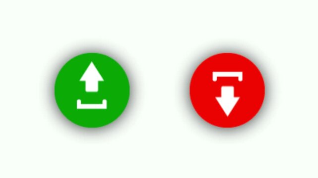 Green Up Arrow and Red Down Arrow Icons with Drop Shdadow Animation Representing Upload and Download Buttons on White Background, Minimal Motion Graphic Design
