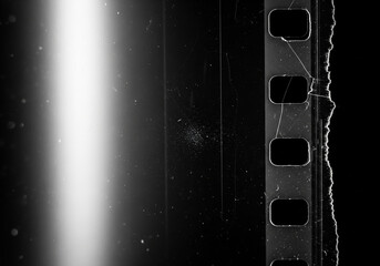 Close-up of damaged and scratched film strip, showing sprocket holes and light leak, creating an abstract, textured effect in black and white.