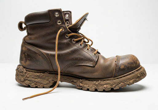 A worn, brown leather work boot covered in mud, with untied laces, sits on a white surface.