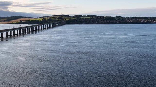 Aerial Pullback of Tay Road Bridge Over River Tay