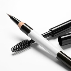 Eyebrow Pencil and Mascara Brush on White Background for Makeup Application