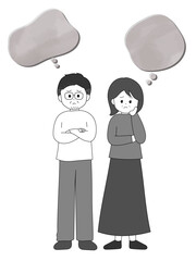 悩みを抱える40〜50代中年夫婦のペアイラスト　白黒