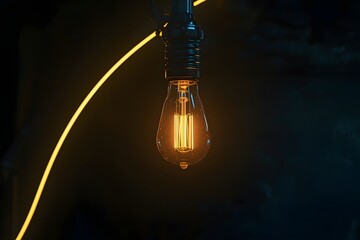 Vintage edison lightbulb on dark background with bright yellow shining wire