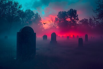 Foggy Cemetery Background. Spooky foggy ancient cemetery halloween background
