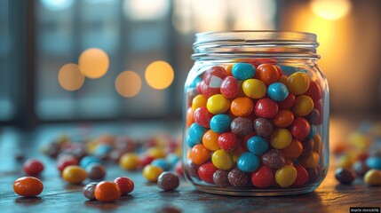 Colorful candy jar filled with colorful, round candies.  A close-up view of a glass jar with assorted, round candies.  Soft lighting highlights the candies