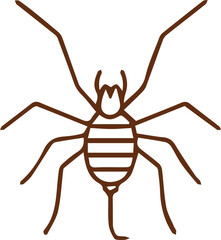 Minimalist brown outline drawing of an eight-legged spider like creature with a striped body on a clean background