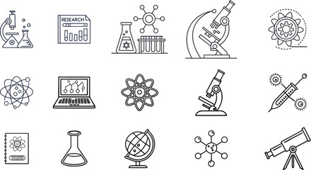 Minimalist Science research outline icons set with editable stroke