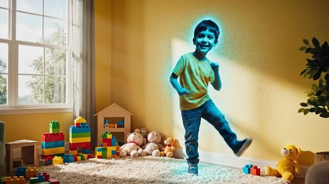 Two boys playing with toy blaster gun creating blue light effect in colorful playroom