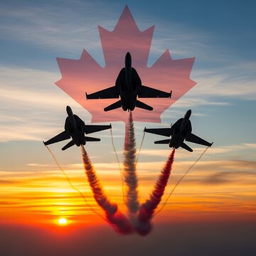 Canadian air force jets fly in formation at sunset with maple leaf