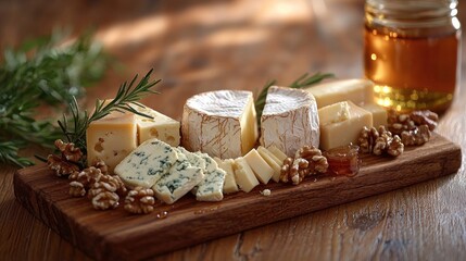 Assorted cheeses on a wooden board, accompanied by walnuts and honey