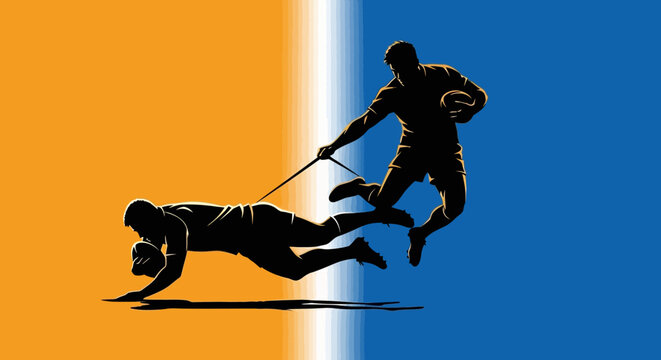 Dynamic rugby players locked in intense struggle for the ball, showcasing athleticism and competitive spirit against a vibrant split background.