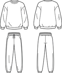 Sweatshirt and jogger pants technical sketch, loungewear flat template, fashion CAD drawing, apparel design vector, front and back views, clothing illustration, flat vector