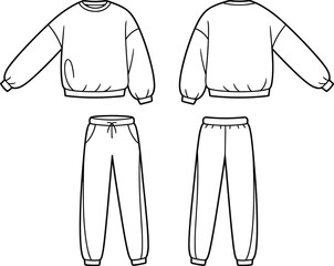 Sweatshirt and jogger pants technical sketch, loungewear flat template, fashion CAD drawing, apparel design vector, front and back views, flat vector
