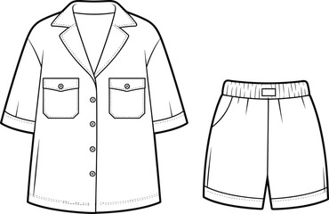 Camp-collar shirt and shorts technical sketch, outfit flat template, fashion CAD drawing, apparel design vector, clothing illustration, front view flat vector