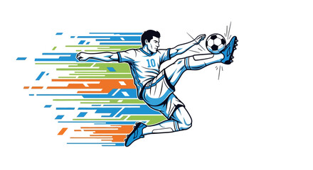 Fototapeta premium Dynamic soccer player executes a powerful mid-air bicycle kick with vibrant speed lines, showcasing athletic prowess and energetic motion for sports promotions.