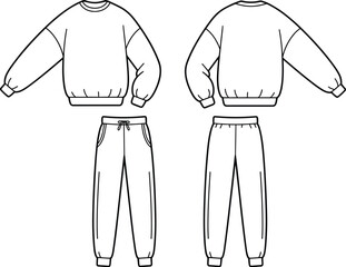 Sweatshirt and jogger pants technical sketch, loungewear flat template, fashion CAD drawing, apparel design vector, front and back views, flat vector