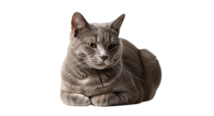 A beautiful grey cat with striking eyes sits patiently isolated on transparent bakcground, PNG