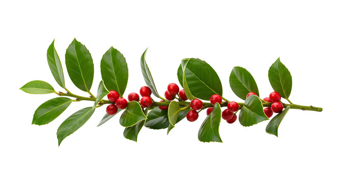 A beautiful holly branch with vibrant red berries and green leaves isolated on transparent background, png - Powered by Adobe