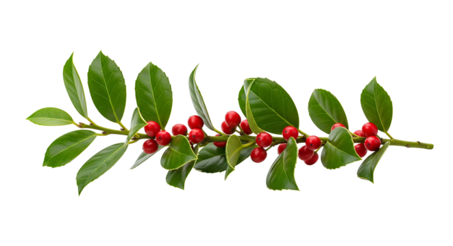 A beautiful holly branch with vibrant red berries and green leaves isolated on transparent background, png