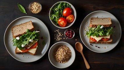 Healthy Vegetarian Sandwich with Fresh Tomatoes and Greens on Dark Table Top View