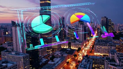 Cityscape data visualization with futuristic digital chart overlay, glowing graphs, vibrant analytics, and innovative technology illuminating urban - Powered by Adobe