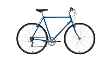 A classic blue bicycle with a black seat and silver components isolated on transparent background, png