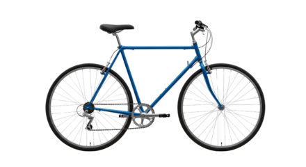 A classic blue bicycle with a black seat and silver components isolated on transparent background, png
