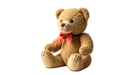 A charming teddy bear with a red bow sits patiently isolated on transparent background, png