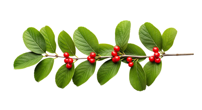 A branch with green leaves and red berries isolated on transparent bakcground, PNG
