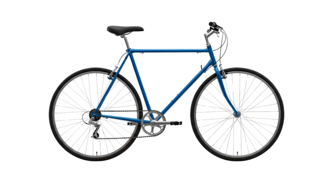 A classic blue bicycle with a black seat and silver components isolated on transparent background, png