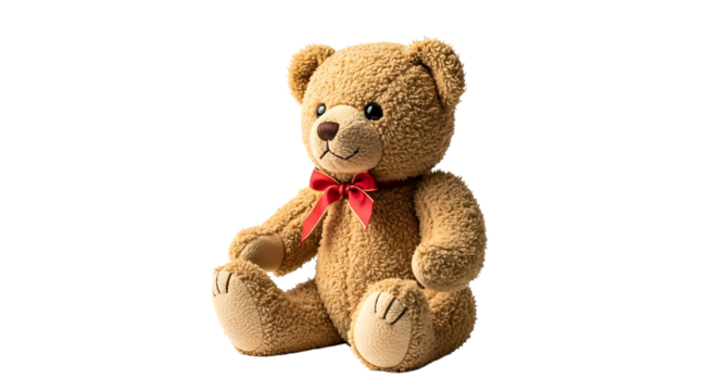 A charming teddy bear with a red bow sits patiently isolated on transparent background, png - Powered by Adobe