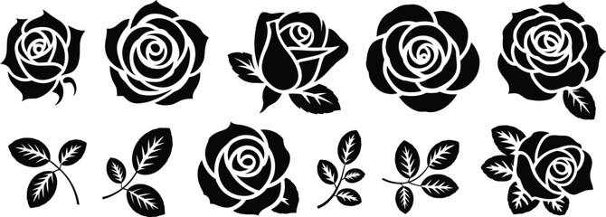 Black rose silhouettes and leaves flower white