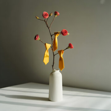 Vase with Red Flowers and Yellow Ribbons