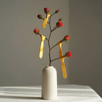 Branch with Red Flowers and Yellow Ribbons in Minimal Vase